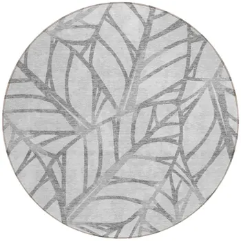 8' Gray And Silver Round Floral Washable Indoor Outdoor Area Rug