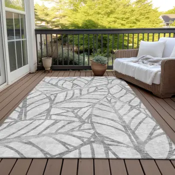 8' X 10' Gray And Silver Floral Washable Indoor Outdoor Area Rug