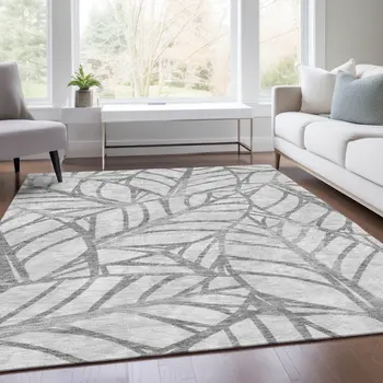 8' X 10' Gray And Silver Floral Washable Indoor Outdoor Area Rug