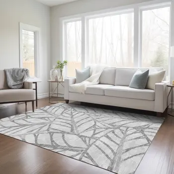 8' X 10' Gray And Silver Floral Washable Indoor Outdoor Area Rug