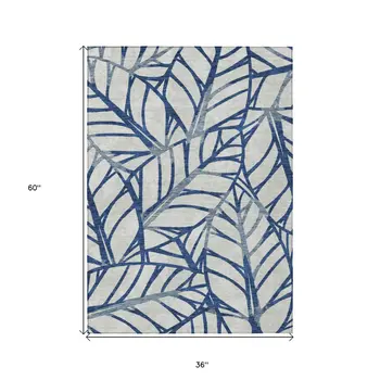 3' X 5' Navy Blue And Beige Floral Washable Indoor Outdoor Area Rug
