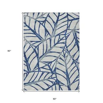 5' X 8' Navy Blue And Beige Floral Washable Indoor Outdoor Area Rug