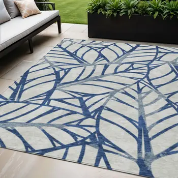 5' X 8' Navy Blue And Beige Floral Washable Indoor Outdoor Area Rug