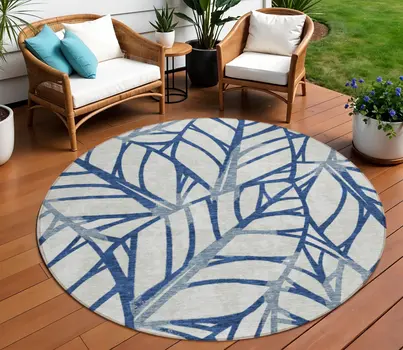 8' Navy Blue And Beige Round Floral Washable Indoor Outdoor Area Rug