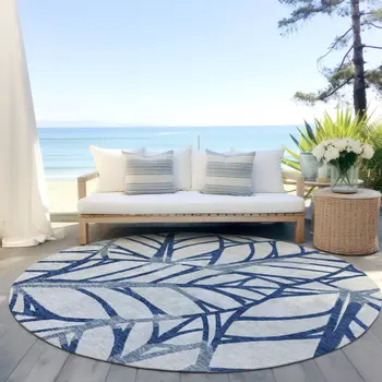 8' Navy Blue And Beige Round Floral Washable Indoor Outdoor Area Rug
