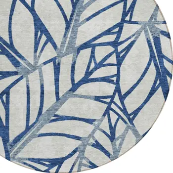 8' Navy Blue And Beige Round Floral Washable Indoor Outdoor Area Rug