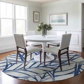 8' Navy Blue And Beige Round Floral Washable Indoor Outdoor Area Rug