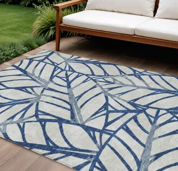 9' X 12' Navy Blue And Beige Floral Washable Indoor Outdoor Area Rug