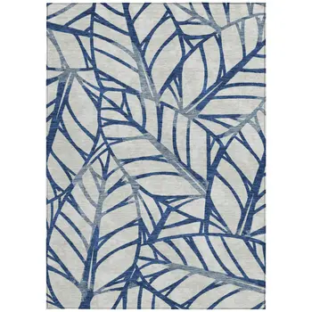 10' X 14' Navy Blue And Beige Floral Washable Indoor Outdoor Area Rug