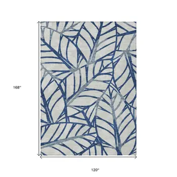 10' X 14' Navy Blue And Beige Floral Washable Indoor Outdoor Area Rug