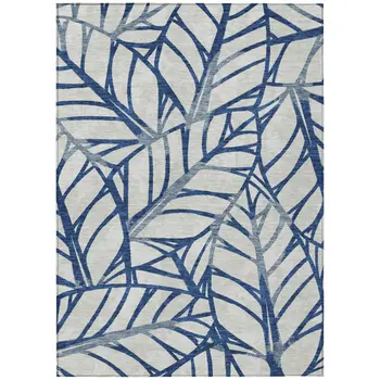 10' X 14' Navy Blue And Beige Floral Washable Indoor Outdoor Area Rug