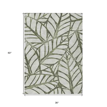 3' X 5' Olive Green And Beige Floral Washable Indoor Outdoor Area Rug