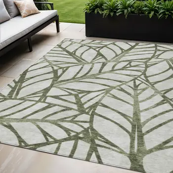 5' X 8' Olive Green And Beige Floral Washable Indoor Outdoor Area Rug