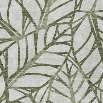 8' X 10' Olive Green And Beige Floral Washable Indoor Outdoor Area Rug