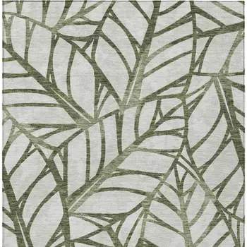 9' X 12' Olive Green And Beige Floral Washable Indoor Outdoor Area Rug