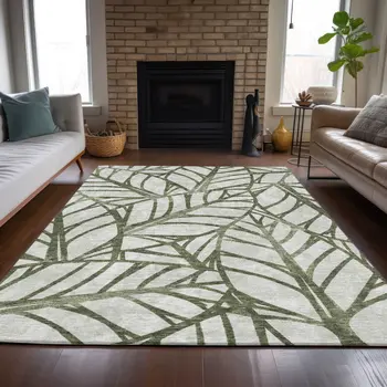 9' X 12' Olive Green And Beige Floral Washable Indoor Outdoor Area Rug