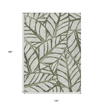 10' X 14' Olive Green And Beige Floral Washable Indoor Outdoor Area Rug