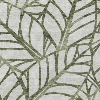 10' X 14' Olive Green And Beige Floral Washable Indoor Outdoor Area Rug