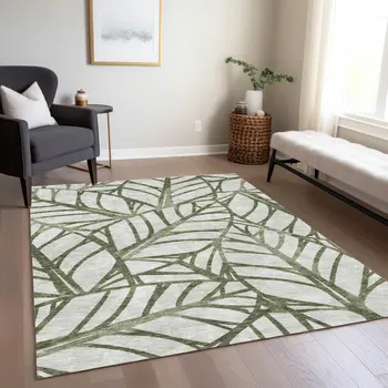10' X 14' Olive Green And Beige Floral Washable Indoor Outdoor Area Rug