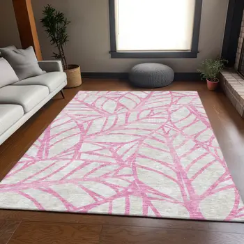 3' X 5' Pink And Beige Floral Washable Indoor Outdoor Area Rug