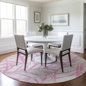 8' Pink And Beige Round Floral Washable Indoor Outdoor Area Rug