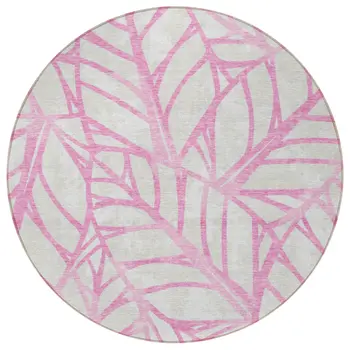 8' Pink And Beige Round Floral Washable Indoor Outdoor Area Rug