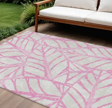 10' X 14' Pink And Beige Floral Washable Indoor Outdoor Area Rug