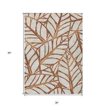 3' X 5' Orange Beige And Copper Floral Washable Indoor Outdoor Area Rug