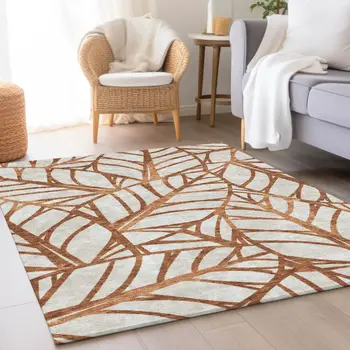 3' X 5' Orange Beige And Copper Floral Washable Indoor Outdoor Area Rug
