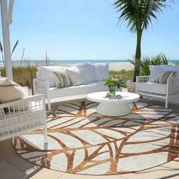 8' Orange Beige And Copper Round Floral Washable Indoor Outdoor Area Rug