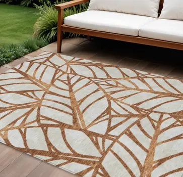 8' X 10' Orange Beige And Copper Floral Washable Indoor Outdoor Area Rug