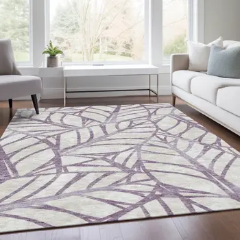 5' X 8' Purple Lavender And Beige Floral Washable Indoor Outdoor Area Rug