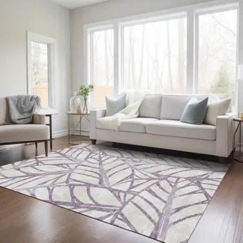 5' X 8' Purple Lavender And Beige Floral Washable Indoor Outdoor Area Rug