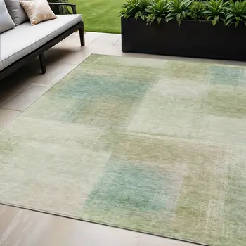 5' X 8' Artichoke Green And Beige Abstract Washable Indoor Outdoor Area Rug