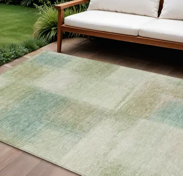 9' X 12' Artichoke Green And Beige Abstract Washable Indoor Outdoor Area Rug