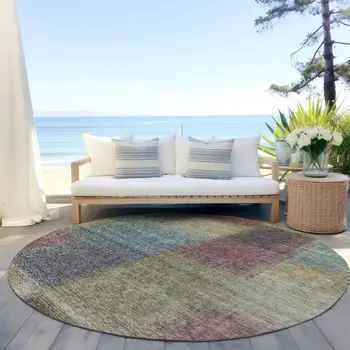 8' Beige Mauve And Brown Round Abstract Washable Indoor Outdoor Area Rug