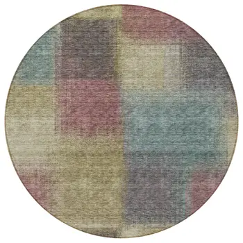 8' Beige Mauve And Brown Round Abstract Washable Indoor Outdoor Area Rug