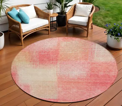 8' Blush Pink And Ivory Round Abstract Washable Indoor Outdoor Area Rug