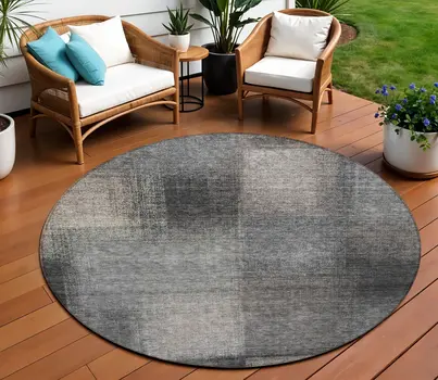 8' Charcoal Gray And Silver Round Abstract Washable Indoor Outdoor Area Rug