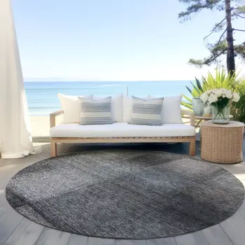 8' Charcoal Gray And Silver Round Abstract Washable Indoor Outdoor Area Rug