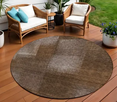 8' Brown And Ivory Round Abstract Washable Indoor Outdoor Area Rug