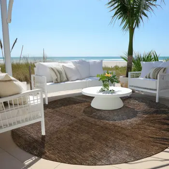 8' Brown And Ivory Round Abstract Washable Indoor Outdoor Area Rug