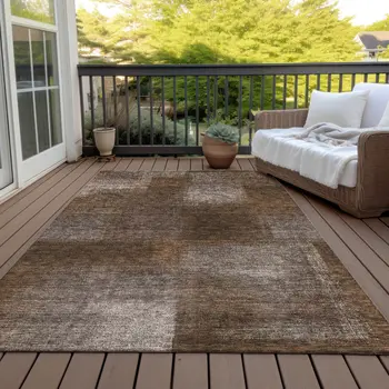9' X 12' Brown And Ivory Abstract Washable Indoor Outdoor Area Rug
