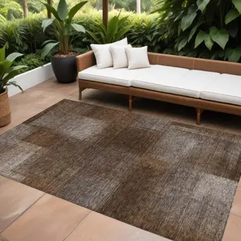 10' X 14' Brown And Ivory Abstract Washable Indoor Outdoor Area Rug