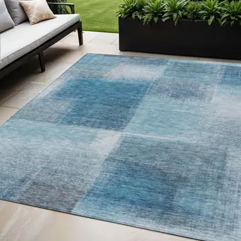 5' X 8' Denim Blue And Navy Blue Abstract Washable Indoor Outdoor Area Rug