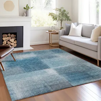 5' X 8' Denim Blue And Navy Blue Abstract Washable Indoor Outdoor Area Rug