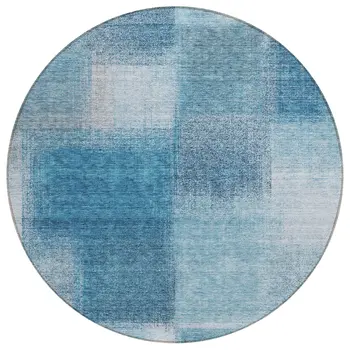 8' Denim Blue And Navy Blue Round Abstract Washable Indoor Outdoor Area Rug