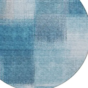 8' Denim Blue And Navy Blue Round Abstract Washable Indoor Outdoor Area Rug