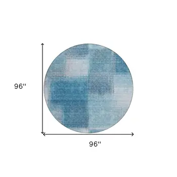 8' Denim Blue And Navy Blue Round Abstract Washable Indoor Outdoor Area Rug