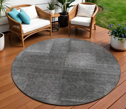 8' Gray Charcoal And Ivory Round Abstract Washable Indoor Outdoor Area Rug